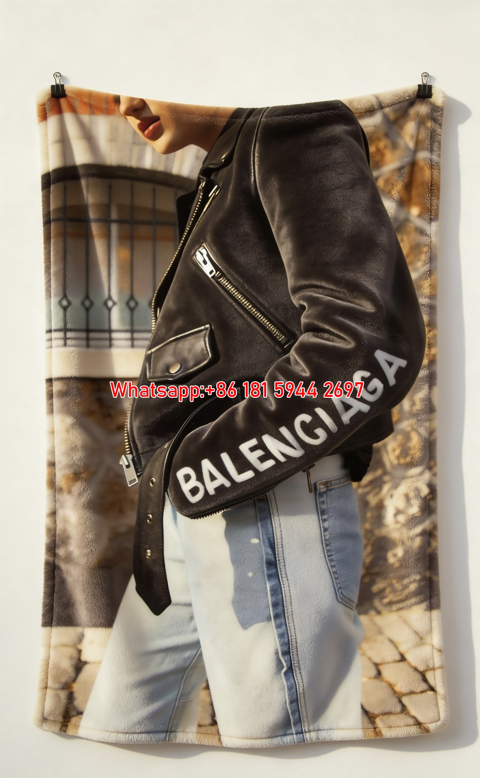 Balenciaga Leather Jacket Print Fleece Throw Blanket BA435